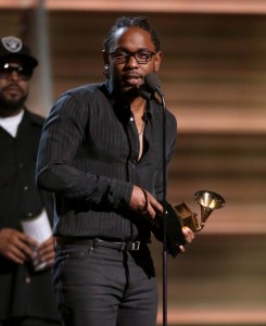 Kendrick Lamar accepts the award for best rap album for “To Pimp A Butterfly” at the 58th annual Grammy Awards on Monday, Feb. 15, 2016, in Los Angeles. (Photo by Matt Sayles/Invision/AP)