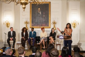 WASHINGTON, D.C. — On Wednesday, February 24, in the State Dining Room of the White House, First Lady Michelle Obama speaks to students at the student workshop: “The Musical Legacy of Ray Charles.” With special guests: (l-r), Robert Santelli, Yolanda Adams, Leon Bridges, Andra Day, and Demi Lovato. | ©2016 Photo by Cheriss May, www.cherissmay.com