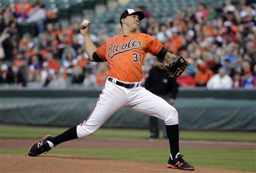 Baltimore Orioles starting pitcher Ubaldo Jimenez throws to the Oakland Athletics in the first inning of the second baseball game of a doubleheader in Baltimore, Saturday, May 7, 2016. (AP Photo/Patrick Semansky)